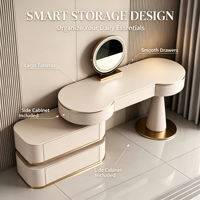 Coiffeuse de luxe glamour avec rangement, bureau de toilette haut de gamme en bois massif et organisateur, station de maquillage avec miroir LED et tabouret