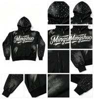 Sweat-shirt rétro délavé à capuche zippé, broderie personnalisée en tissu éponge, veste ample style streetwear américain incrustée de diamants
