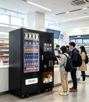 Nouvelle machine distributrice 2-en-1 de snacks, boissons et café, modèle 2026, en promotion, 24h/24, sans personnel, avec écran tactile et service en libre-service