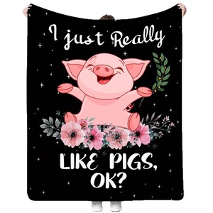 Couverture en peluche à imprimé cochon de dessin animé, noire avec fleurs et étoiles, style moderne pour la maison, quatre saisons - Product Image 5