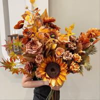 Groothandel Herfstserie Bruin Oranje Enkelstam Zijden Kunstbloem Bloemstuk Accessoires voor Evenementendecoratie