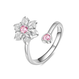 Dainty Flower Anxiety <b>Spin</b> <b>Ring</b> Open Adjustable Pink Cubic Zirconia Copper Rhodium Plated Lotus Flower Rotating Base Jewelry - Product Image 5