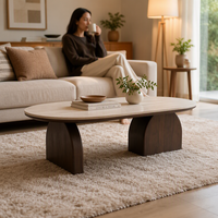 Table basse moderne de luxe beige en bois massif avec coins de table couleur noyer, meuble ovale durable pour salon et maison