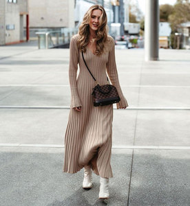 Elegante Maxi abito a pieghe lavorato a maglia per le donne 2023 autunno abito a coste femminile Casual Lace Up Fashion Bodycon abiti lunghi - Product Image 4