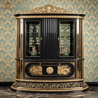 Elegantes Schwarz-Gold Luxus Antik Esszimmer-Set Französisch Geschnitztes Holz Sideboard Spiegelschrank KD Villa Wohnmöbel