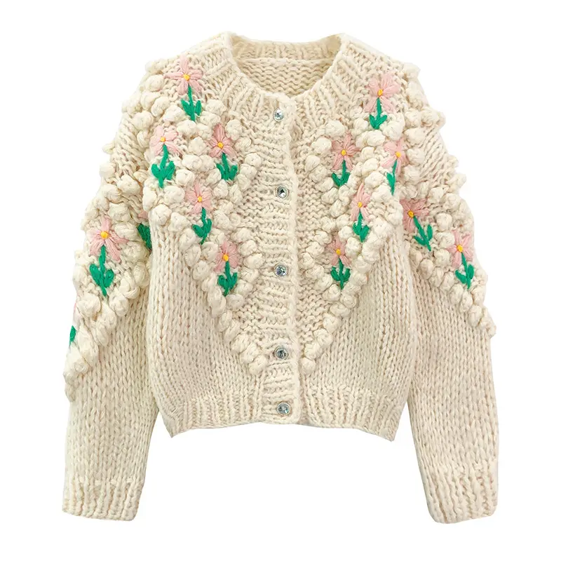 OEM Custom Autumn Winter Women Korean Fashion Embroidered Knitted Sweater Coat Cardigan