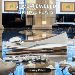 Zapatos de Novia de Lujo en Charol Plateado con Pedrería, Zapatos Planos de Punta Puntiaguda para Boda, Otoño-Verano - Product Image 2