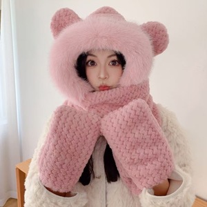 Femmes mignon doux en peluche hiver accessoires ensemble épais chaud longues mitaines à capuche Logo personnalisé brodé écharpe gants tricot - Product Image 4