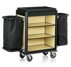 รถเข็นทําความสะอาดโรงแรมไม้ขนาดกลางและถุงสีดํา - Product Image 1