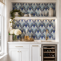 Mural Mosaik Kaca Daun Biru Kustom, Seni Dinding Dekoratif untuk Dapur, Hotel, Vila, Spa, Dinding Latar Belakang