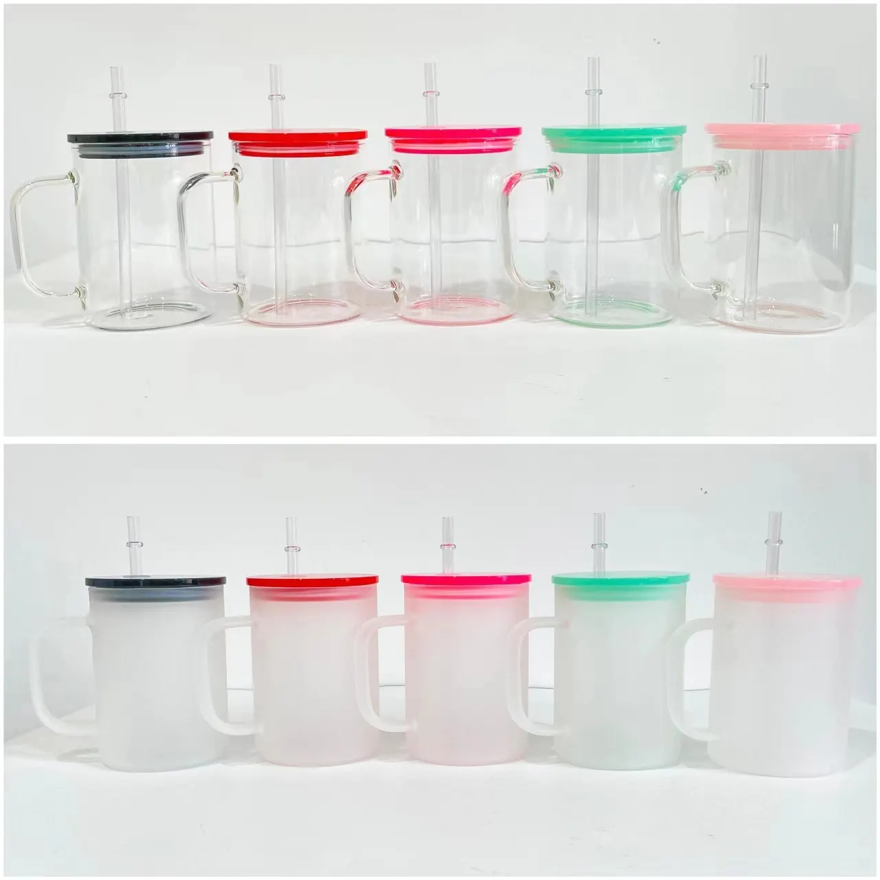 Nueva sublimación en blanco de 17oz, gelatina esmerilada transparente, colores mezclados, tazas de café de vidrio DIY con tapas de plástico de colores para bricolaje