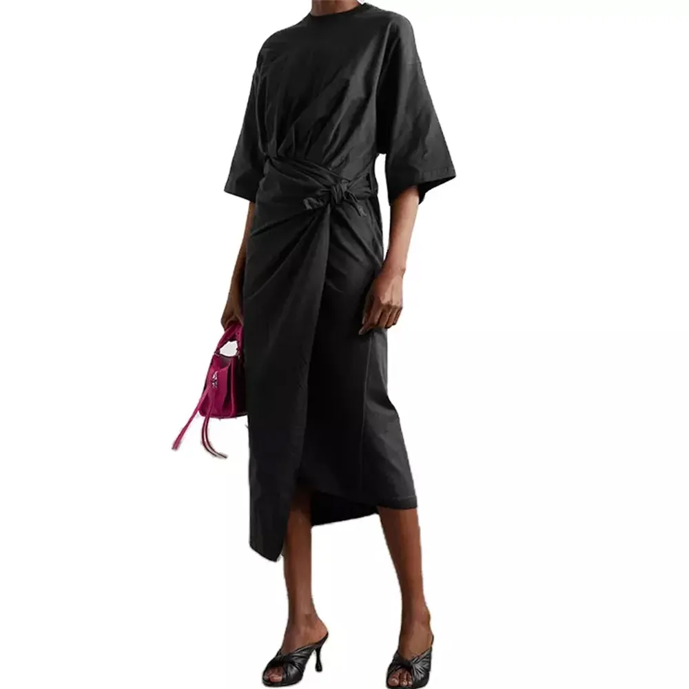 Новое поступление, черное платье с длинным рукавом, вечерние платья с рукавом до локтя, хлопковое черное платье с поясом для женщин