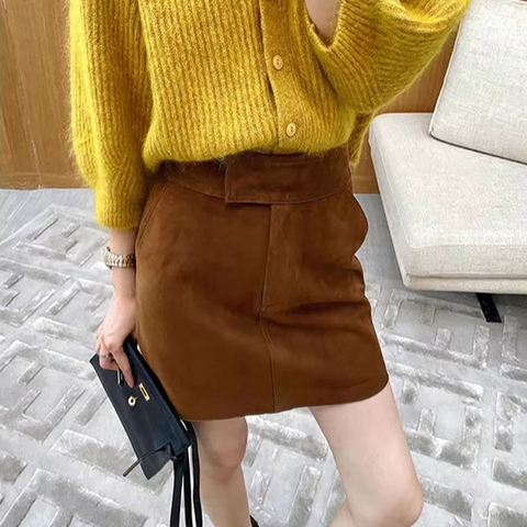 3362  Wholesale Winter High Waist Short Brown Genuine Sheep Suede Sexy Leather Skirts