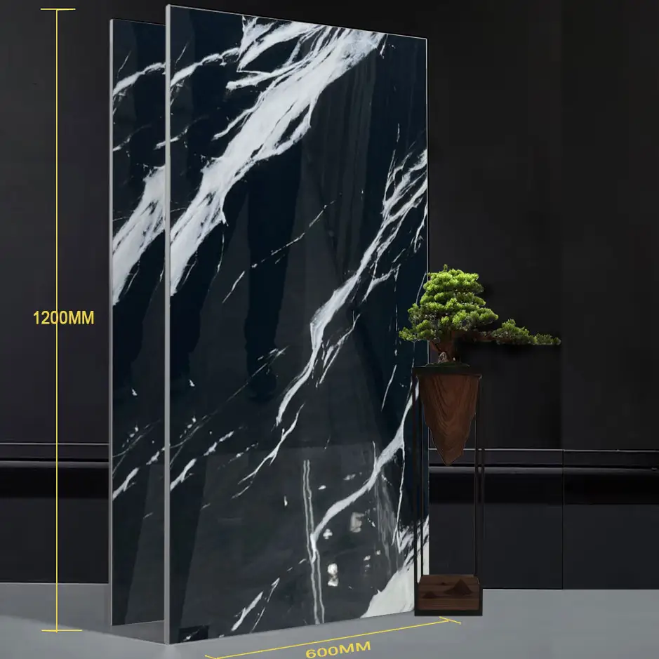 Grande taille 600x1200 poli vitrifié luxe marbre noir céramique porcelaine grande dalle pour sol mur