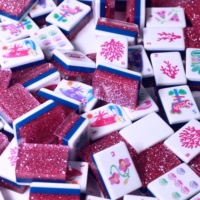 Jeu de Mahjong Américain Unique en Acrylique Scintillant Thème Flamant Tropical de Plage, Tuiles de Mahjong en Acrylique Pailleté, Prêt à Expédier