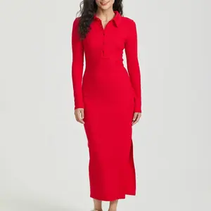 Robe fendue côtelée sexy à col polo pour femmes