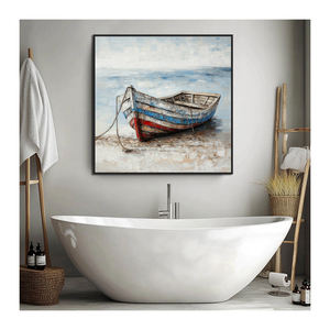 Art mural moderne de l'océan côtier décor de salle de bain en acrylique peint à la main avec des bateaux sur des peintures de paysages marins sur toile de plage - Product Image 1