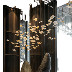 Lustre moderne de luxe en métal et verre avec LED blanc chaud en forme de feuilles pour plafonds hauts, salon/villa - Product Image 3