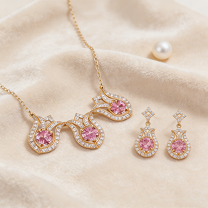 Parure Collier et Boucles d'Oreilles Couronne en Laiton Plaqué Or 18K avec Zircons Roses et Blancs de Qualité AAA pour Femme, Idéale pour Mariage, Fête et Fiançailles - Hengdian - Product Image 1