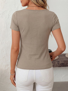 Camiseta de Verano 2026 para Mujer, Corte Estándar, Ajustada, Negra, Básica, de Algodón, Estilo Occidental, Lisa - Product Image 3