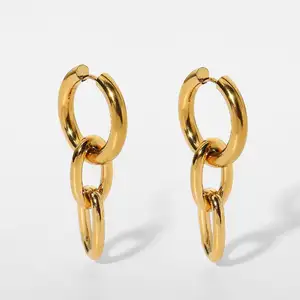18K Gold Plated Stainless Steel Large Gold Chain Pendant Earrings Double Titanium Steel Earrings Hoop