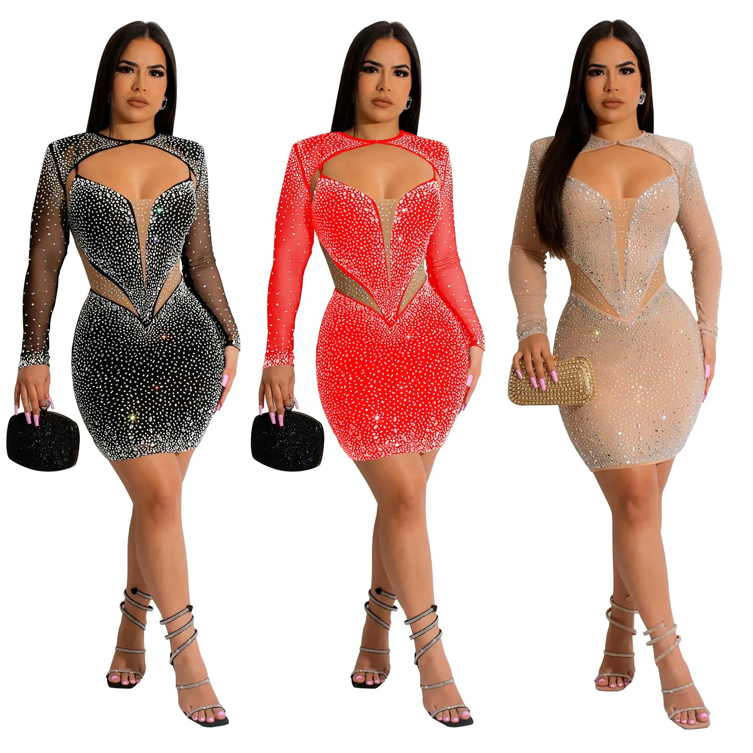 2023 New Arrivals Long Sleeve Casual Rhinestone Banquet Evening Gowns Women Prom Club Pencil Dress Birthday Mini Party Dress