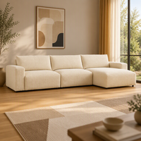 Canapé modulaire en crème en forme de L avec chaise longue, assise profonde, style bouclé, tissu, pour salon, appartement, hôtel