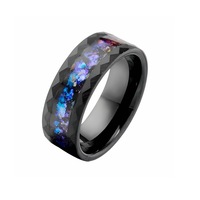 Anillo de Acero Inoxidable Negro Facetado con Incrustaciones de Ópalo Galáctico para Hombre, Regalo de Boda o Aniversario