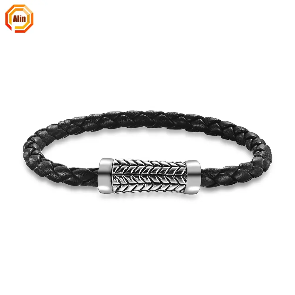 Retro Stainless Steel Twisted Wire Black Handmade Braided Leather Bracelets Jewelry Men Bracelet