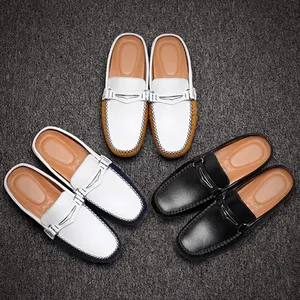Summer Casual Luxury Half Slipper Slip-On men office shoes fashion genuine leather driving white dress shoes for men