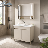Meuble-lavabo double vasque crème avec miroir, anti-buée, éclairage intelligent et grand rangement, ensemble vasque en céramique