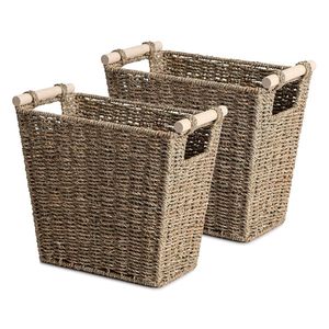 Panier de rangement en jonc de mer de haute qualité avec poignées en bois pour l'élimination des déchets dans le salon chambre salle de bain - Product Image 1