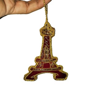 Adorno navideño de la Torre Eiffel hecho a mano con cuentas, decoración navideña de la Torre Eiffel en terciopelo rojo, bordado dorado, fabricante y proveedor. - Product Image 3