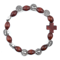 Bracelets en perles de bois avec croix catholique, médailles de Saint Benoît avec croix