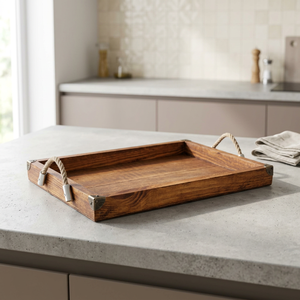 Bandeja de Desayuno Rústica de Madera con Asas de Cuerda, Decoración Artesanal Estilo Granja, Ecológica, Apta para Alimentos, Lavable en Lavavajillas y Apta para Microondas - Product Image 1
