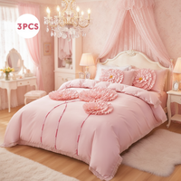 Parure de lit de mariage 3 pièces, style princesse, avec volants décontractés et fleurs 3D, comprenant housse de couette et taies d'oreiller décoratives, motif floral 3D