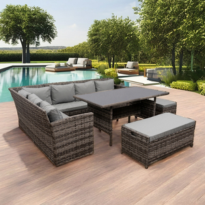 Ensemble <span class=keywords><strong>de</strong></span> <span class=keywords><strong>salon</strong></span> d'extérieur en <span class=keywords><strong>rotin</strong></span> PE 9 places avec canapé d'angle, table, banc et ottoman pour <span class=keywords><strong>jardin</strong></span> et terrasse - Product Image 3
