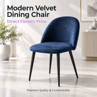Chaise de salle à manger contemporaine en tissu bleu, dossier arrondi, assise rembourrée, pieds coniques noirs pour salle à manger, café