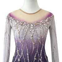 Costume de patinage artistique à dégradé violet rose avec strass, manches longues, dos en V profond, robe de performance pour filles et enfants