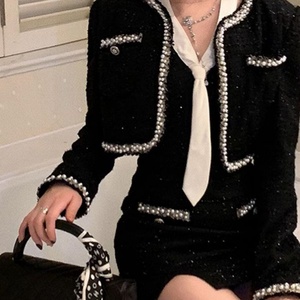 Ensemble en tweed style britannique automne-hiver, chic, manteau court perlé + robe licou unie, ensemble deux pièces pour femme de bureau, style coréen - Product Image 6