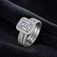 Bague en Moissanite Argent S925 Coupée Émeraude 1,5 Carat avec Halo Pavé, Ensemble de Trois Pièces Empilables pour Mariage et Fiançailles