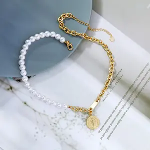 x0202 2021 Trendy Gold Plated Coins Elegant Ladies Women Cable Link Half Chain Half Pearl Necklace Buy Wholesale