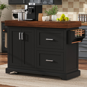 OE HOME 53" Rolling <b>Kitchen</b> Island 3.5" Thick MDF Rubber Wood Desktop Storage Cabinets Drawers Spice/Towel <b>Racks</b> 5 Wheels - Product Image 1