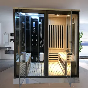 Pièce de luxe de sauna à vapeur en bois à infrarouge lointain avec douche