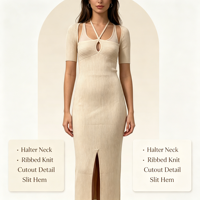 Robe en maille côtelée rose fendue à manches courtes pour femme, qualité supérieure, sur mesure OEM & ODM, vente en gros - Ashley Madi