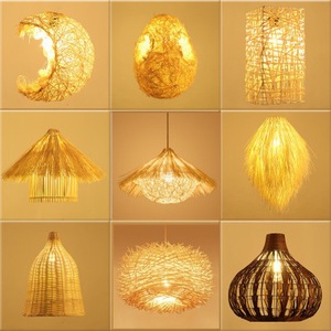 Rustic Bamboo Rattan LED Pendant <b>Light</b> Round E27 Single Head Chandelier For Home Living Room <b>Dining</b> Room - Product Image 1