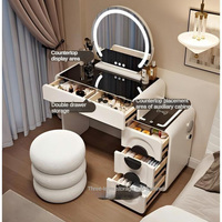 Nouvelle Arrivée : Coiffeuse LED en Bois Massif avec Tabouret, Meuble de Rangement Compact pour Chambre, Bureau de Maquillage Intelligent Tout-en-un avec Recharge Sans Fil