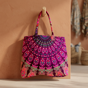 Bolso Tote Mandala de Algodón Hecho a Mano en India, Bolso de Mano Floral Cómodo y Portátil para Chicas, Bolso de Compras de Moda para Invierno y Verano - Product Image 1