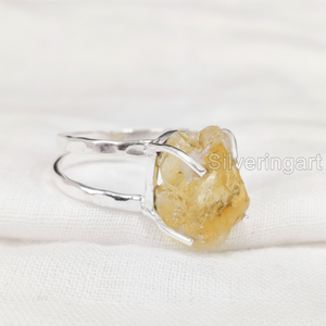 Bijoux en pierre brute Bague pour femme Citrine brute naturelle Pierre précieuse Novembre Pierre de naissance martelée 2 bandes Fête Bague en argent sterling 925 - Product Image 1