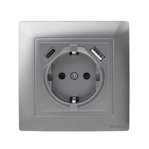 Enchufe Alemán Individual de 86*86mm, Gris, Ignífugo, con Panel Táctil y Puerto USB A+C de 3 Vías - Product Image 1